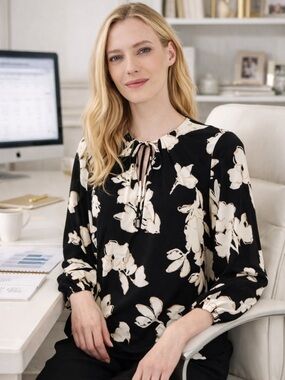 Anne Klein Floral Tie Neck Long Sleeve Blouse XS NWT Office Top